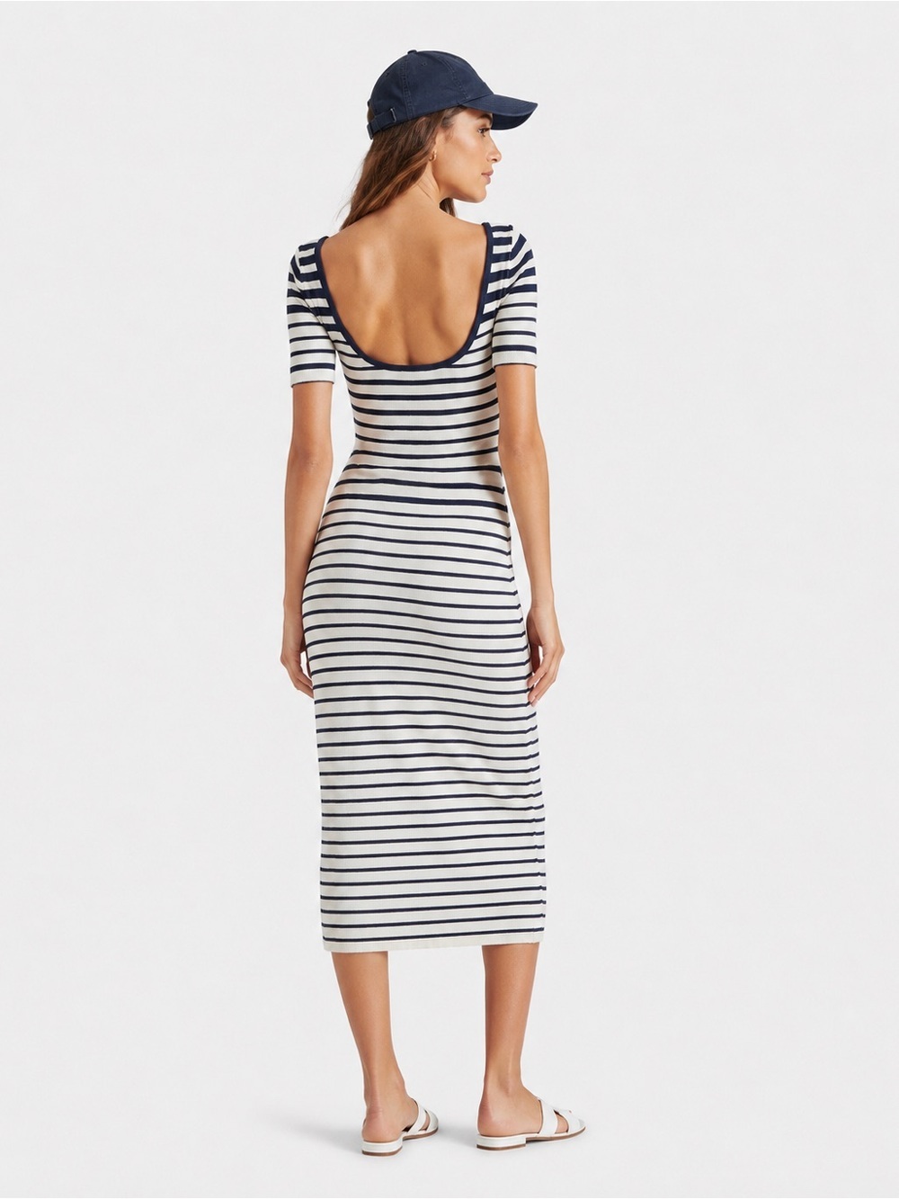 Steve Madden Striped Scoop-Back Midi Dress SELAH Dress Ivory/Navy MSRP $108